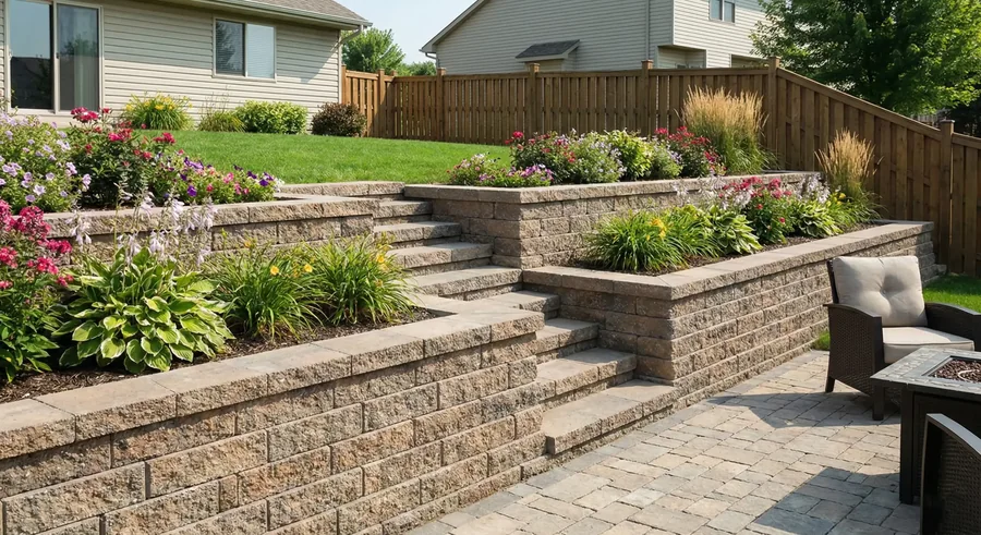 Tiered stone retaining wall planted with shrubs and ornamental grasses.